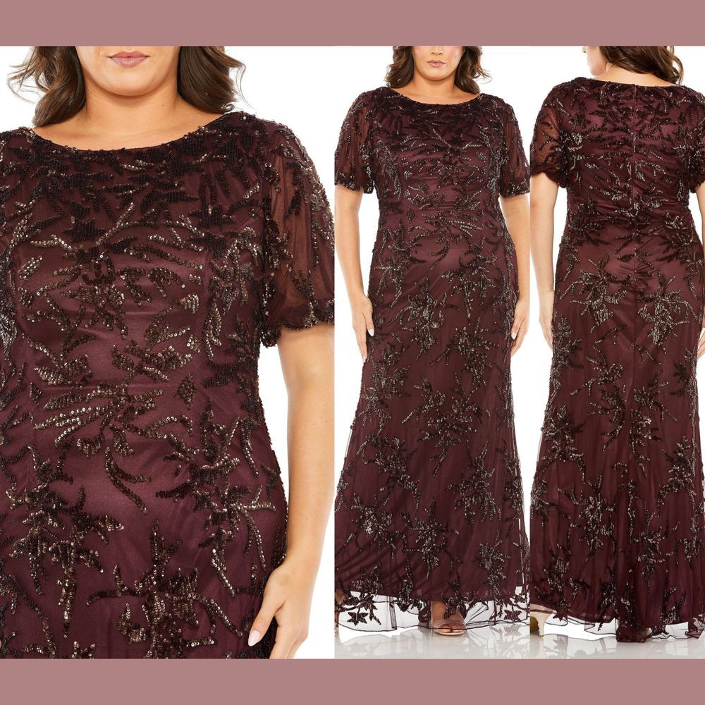 NEW Mac‎ Duggal [ PLUS 22W ] 5941 Puff Short Sleeve Embellished Gown Mahogany